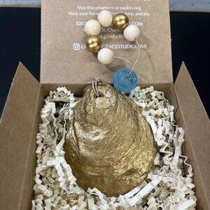 Grit & Grace Gold Beaded Oyster Shell Blue Christmas Ornament Hand Crafted
